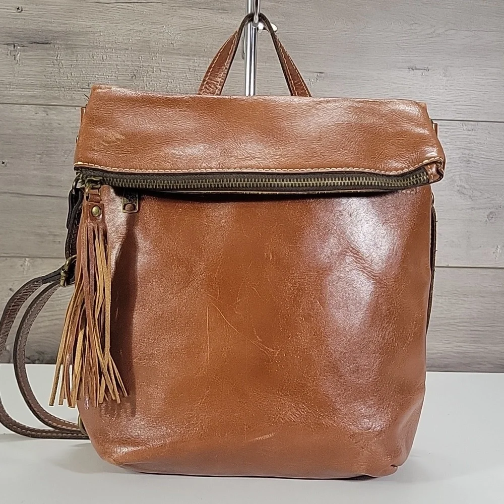 Patricia Nash Classic Tan Leather Fold-Top Backpack Tote Bag